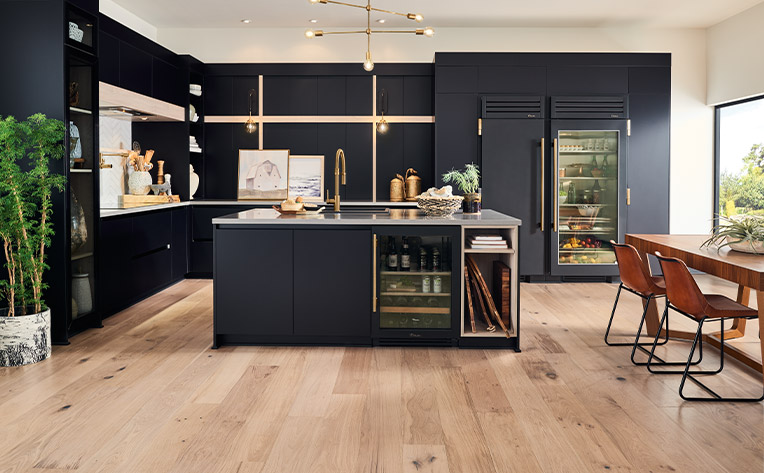 hardwood flooring in dark toned kitchen